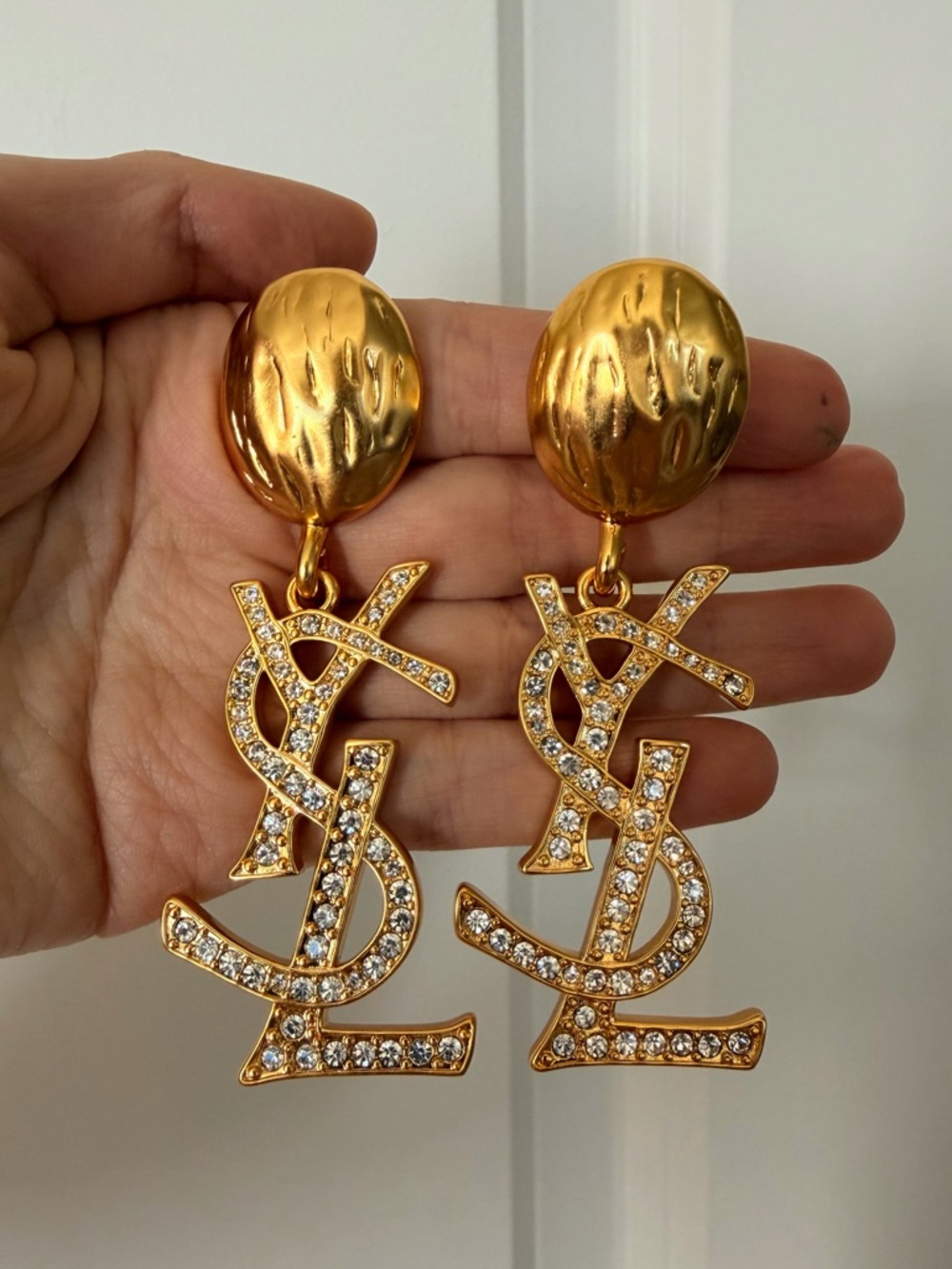 Vintage Yves Saint Laurent Gold Crystal Logo Drop Earrings✨
